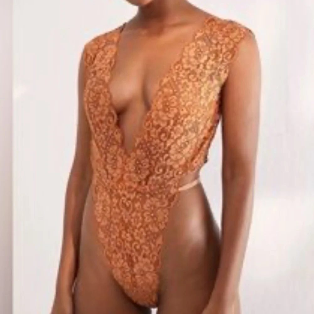 We are Hah Cut to the Chase Lace Bodysuit Brown Sugar Medium New with Tags
